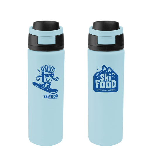 SkiFood 24oz Recycled Stainless Steel Insulated Water Bottle – Glacier Blue | Pop-Top Sip Lid & Clip Handle