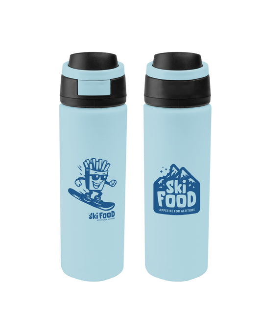 SkiFood 24oz Recycled Stainless Steel Insulated Water Bottle – Glacier Blue | Pop-Top Sip Lid & Clip Handle