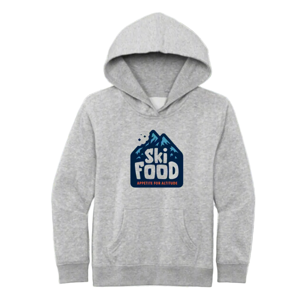 youth hooded sweatshirt in light heather gray with skifood logo on the front