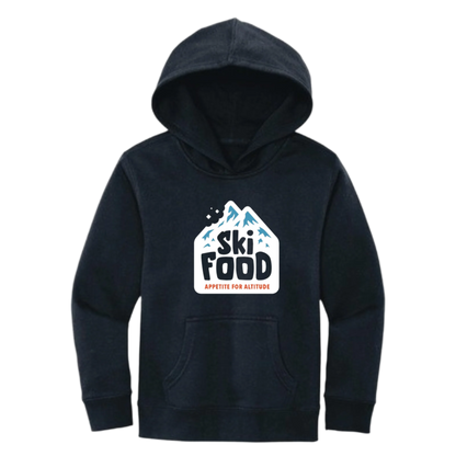 youth hooded sweatshirt in new navy with skifood logo on the front